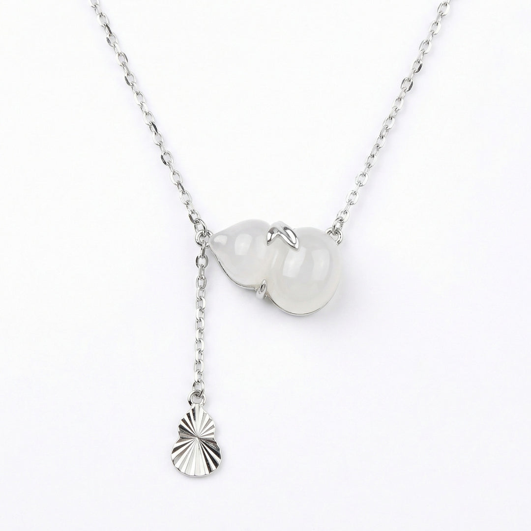 925 Sterling Silver Elegant Silver Gourd Pendant Lariat Necklace with Translucent White Stone