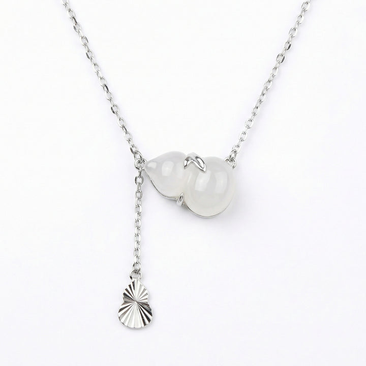 925 Sterling Silver Elegant Silver Gourd Pendant Lariat Necklace with Translucent White Stone