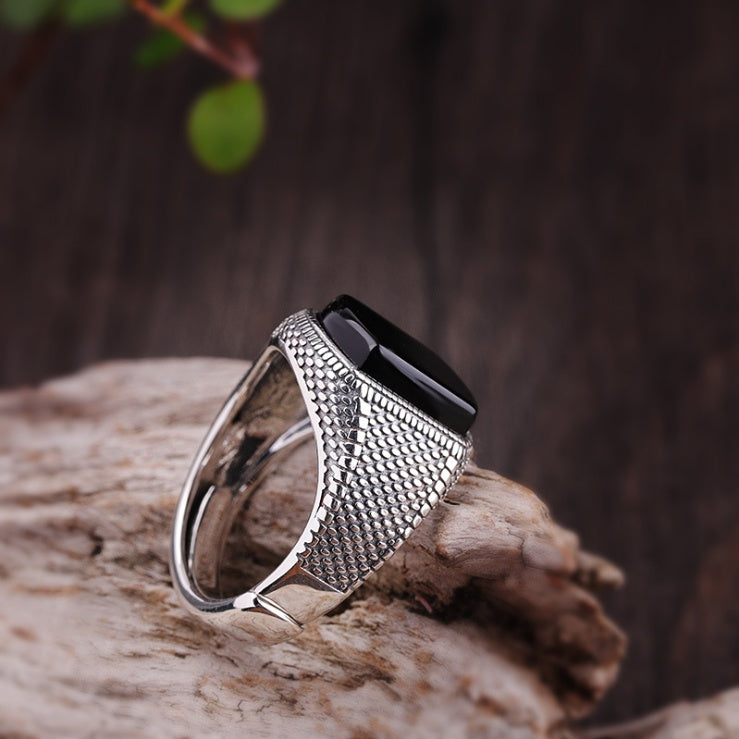 S925 Sterling Silver Black Agate Ring – Elegant Dazzle Statement Jewelry