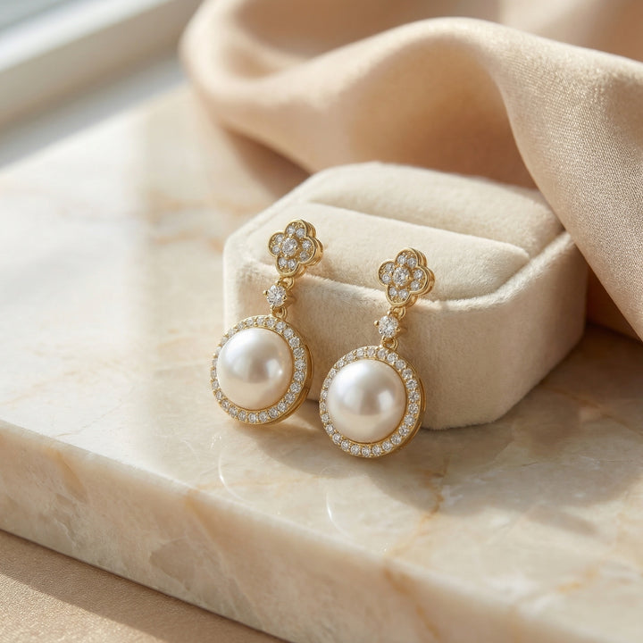 925 Sterling Silver Pearl Drop Earrings with Diamond Halo and Clover-Accent Studs