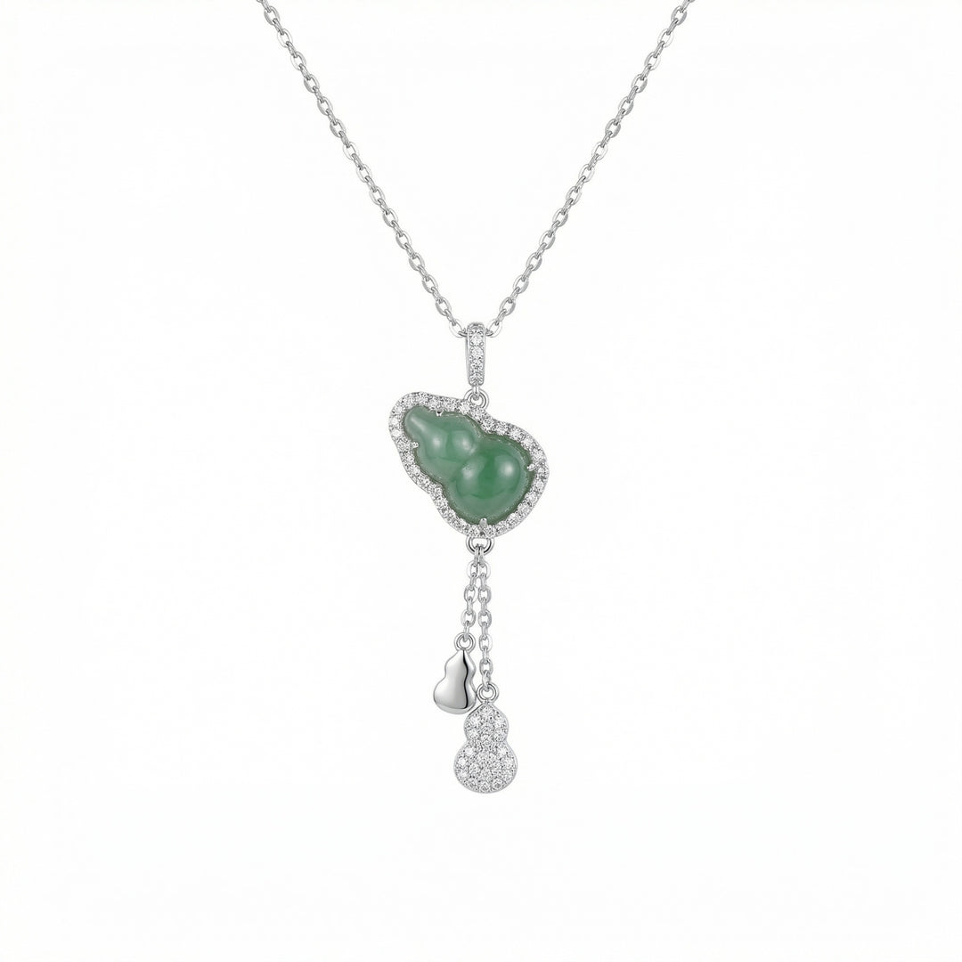 925 Sterling Silver Elegant Jadeite Gourd Pendant Necklace with Sparkling Stones & Dainty Hulu Charm