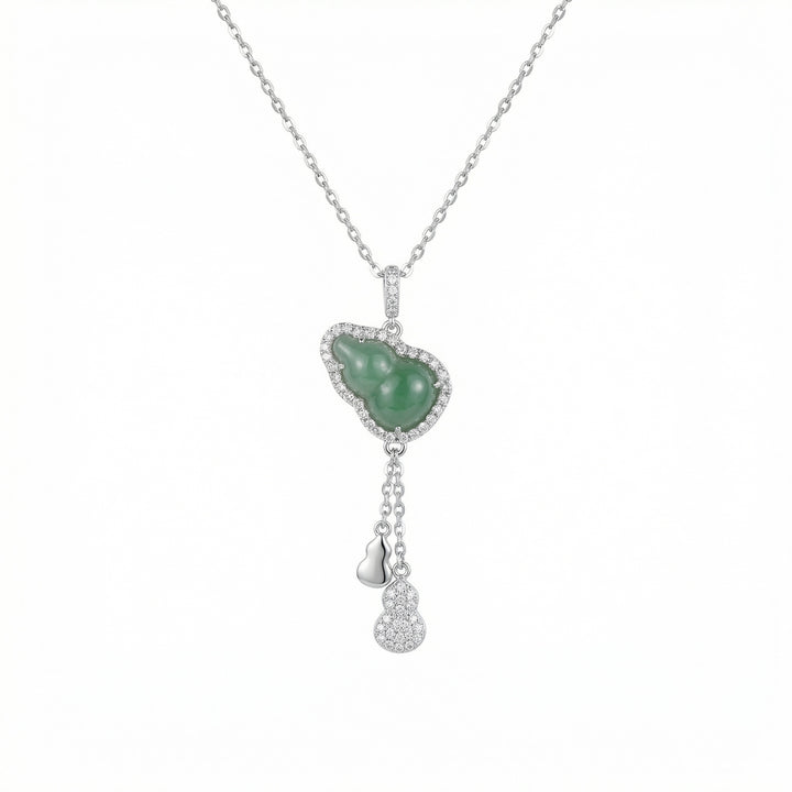 925 Sterling Silver Elegant Jadeite Gourd Pendant Necklace with Sparkling Stones & Dainty Hulu Charm