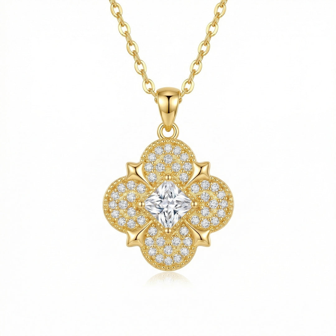 ✨ 925 Sterling Silver Quatrefoil Clover Necklace with Princess-Cut Diamond Accents ✨