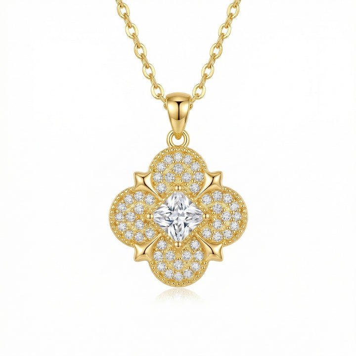✨ 925 Sterling Silver Quatrefoil Clover Necklace with Princess-Cut Diamond Accents ✨