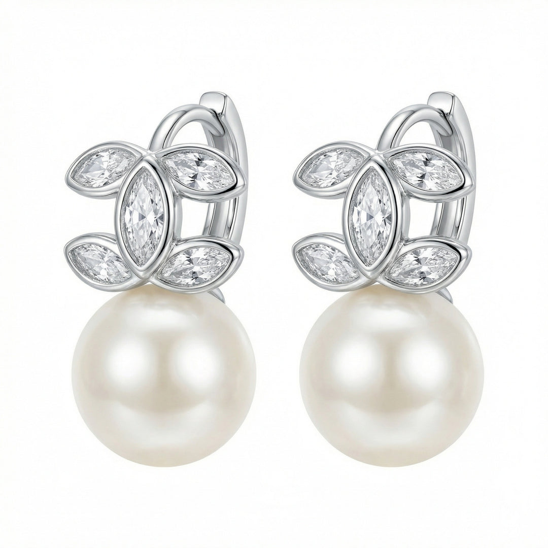 ✨ 925 Sterling Silver Marquise Crystal & Pearl Drop Earrings – Elegant Floral Design ✨