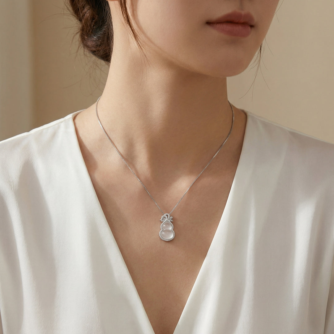 925 Sterling Silver Gourd Necklace – Translucent Gemstone Pendant with Diamond Halo