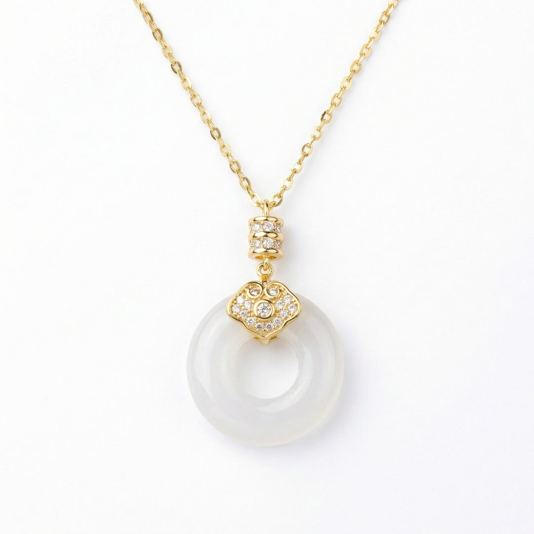 ✨ 925 Sterling Silver Elegant White Jade Donut Pendant Necklace with Sparkling Diamond Accents ✨