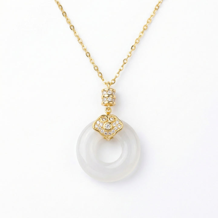 ✨ 925 Sterling Silver Elegant White Jade Donut Pendant Necklace with Sparkling Diamond Accents ✨