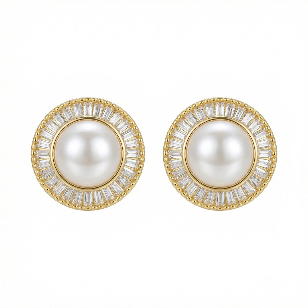 ✨ 925 Sterling Silver Round Pearl Stud Earrings with Baguette Crystal Halo ✨