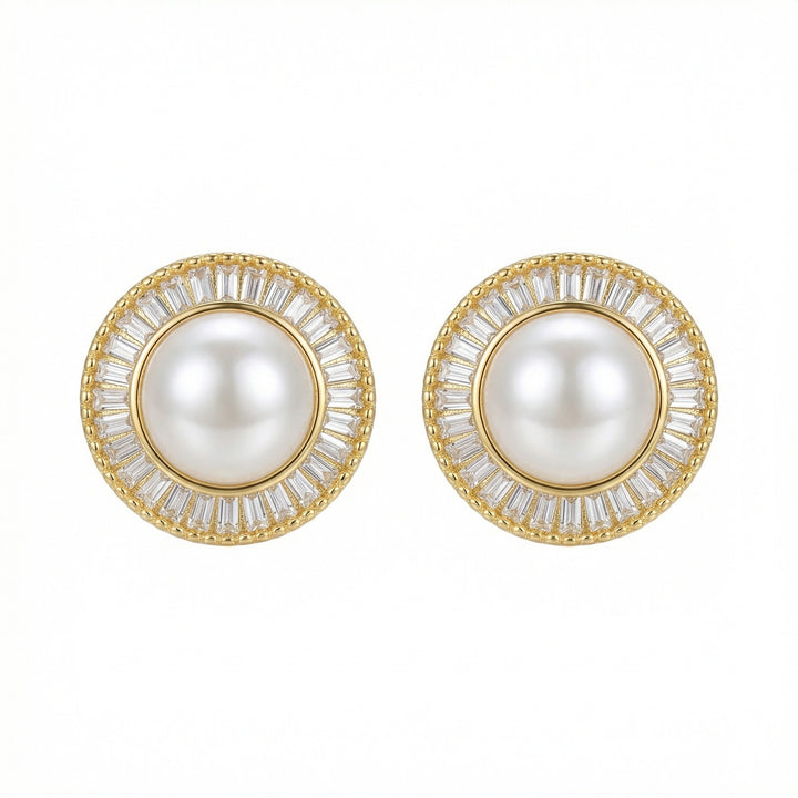 ✨ 925 Sterling Silver Round Pearl Stud Earrings with Baguette Crystal Halo ✨