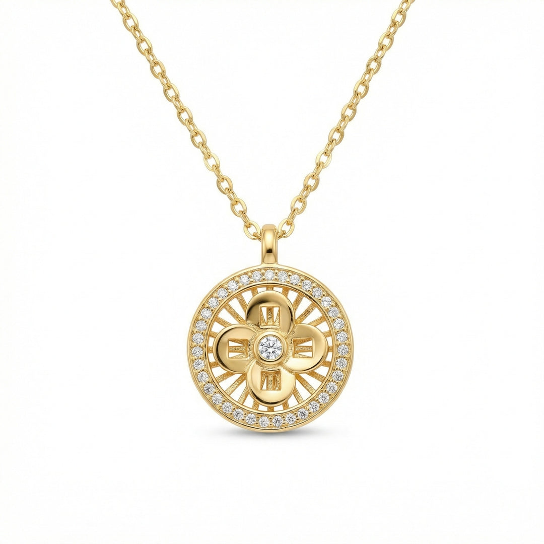 925 Sterling Silver Openwork Four-Petal Flower Medallion Necklace with Pavé Gemstone Halo