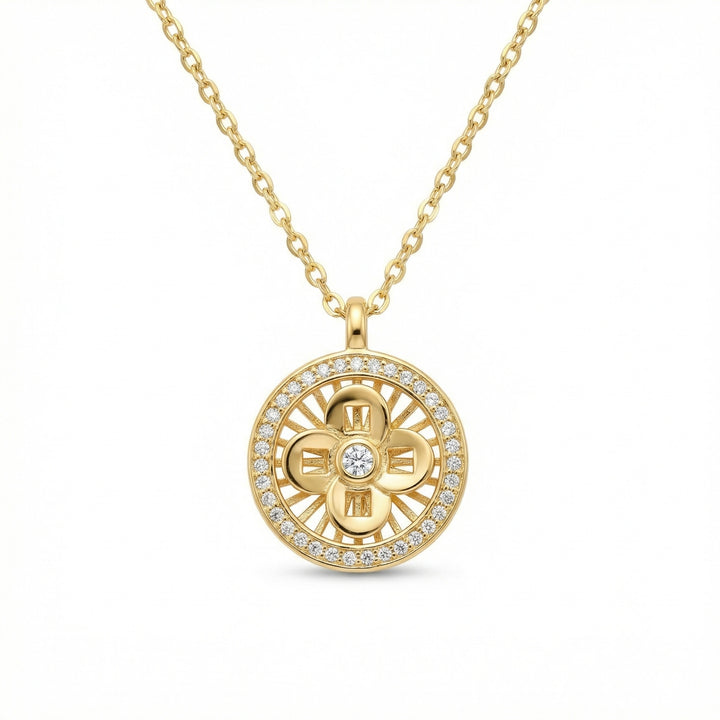925 Sterling Silver Openwork Four-Petal Flower Medallion Necklace with Pavé Gemstone Halo