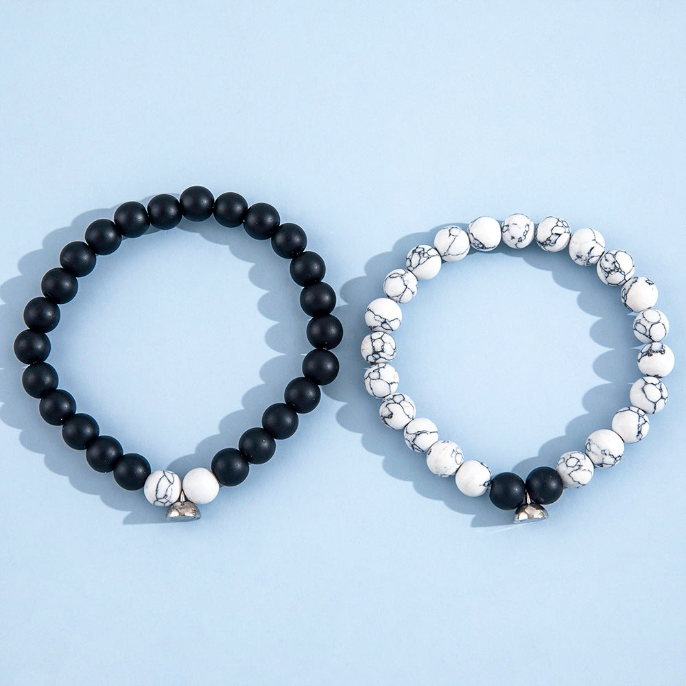 Black & White Frosted Stone Magnetic Bracelet – Minimalist Elastic Design