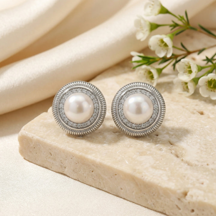 ✨ 925 Sterling Silver Pearl & Diamond Halo Stud Earrings with Ribbed Frame ✨
