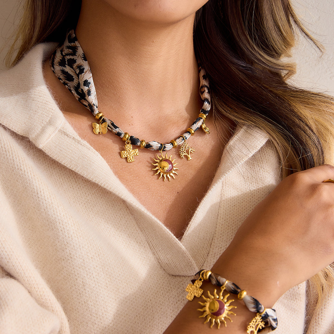 Women’s Stainless Steel Lace-Up Silk Scarf Necklace – Geometric Leopard Print Pendant