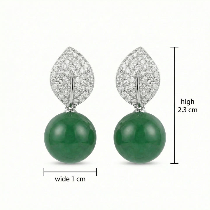 925 Sterling Silver Elegant Green Jade Bead Drop Earrings with Diamond-Set Leaf Accents
