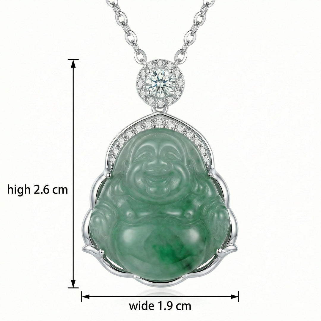 925 Sterling Silver Elegant Green Jade Laughing Buddha Pendant Necklace with Sparkling Accents