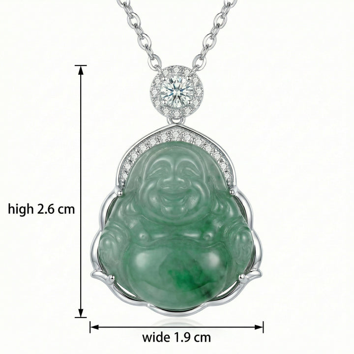 925 Sterling Silver Elegant Green Jade Laughing Buddha Pendant Necklace with Sparkling Accents