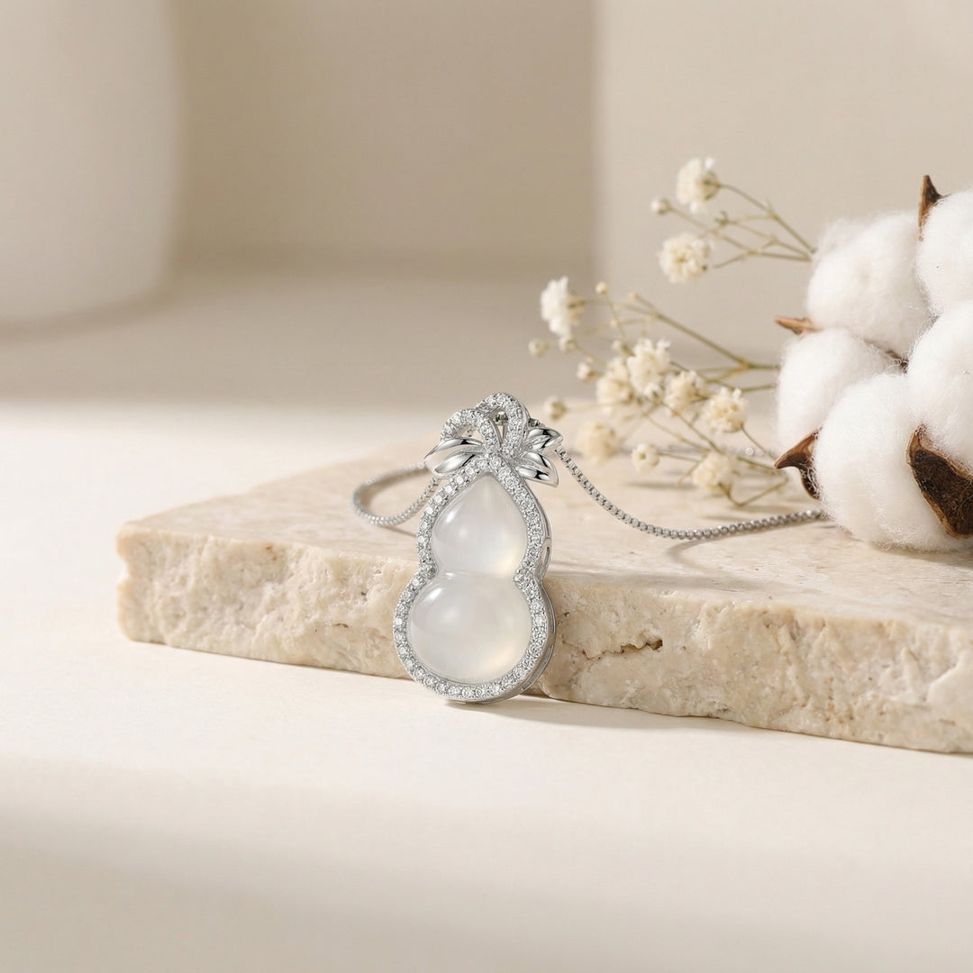 925 Sterling Silver Gourd Necklace – Translucent Gemstone Pendant with Diamond Halo