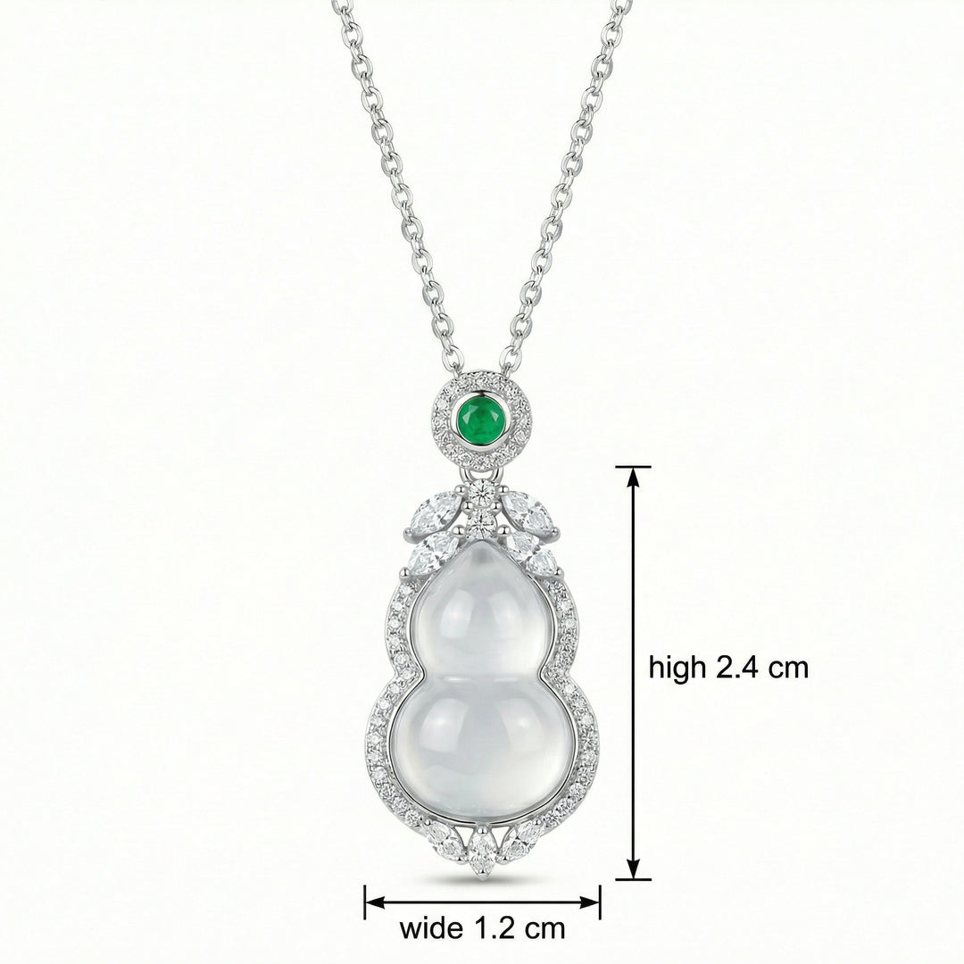 925 Sterling Silver Elegant White Jadeite Wulu Pendant Necklace with Emerald Accent and Diamond Halo