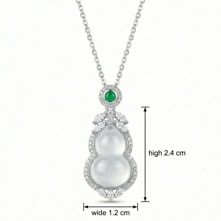 925 Sterling Silver Elegant White Jadeite Wulu Pendant Necklace with Emerald Accent and Diamond Halo