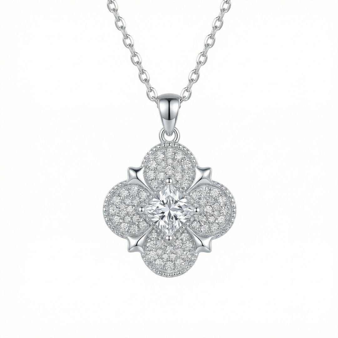 ✨ 925 Sterling Silver Quatrefoil Floral Pendant Necklace with Princess Cut Center Stone ✨