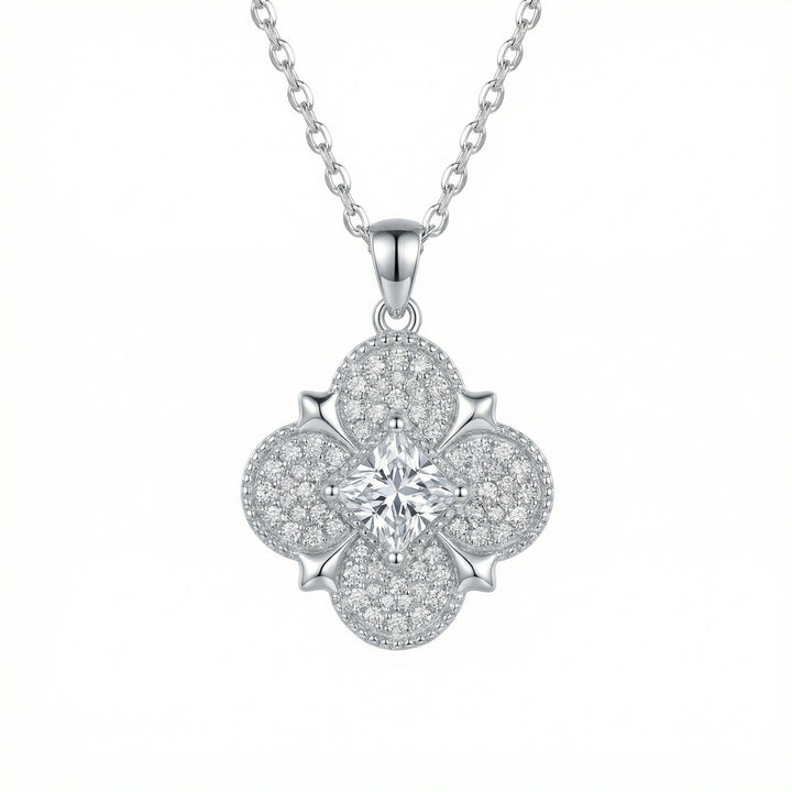 ✨ 925 Sterling Silver Quatrefoil Floral Pendant Necklace with Princess Cut Center Stone ✨
