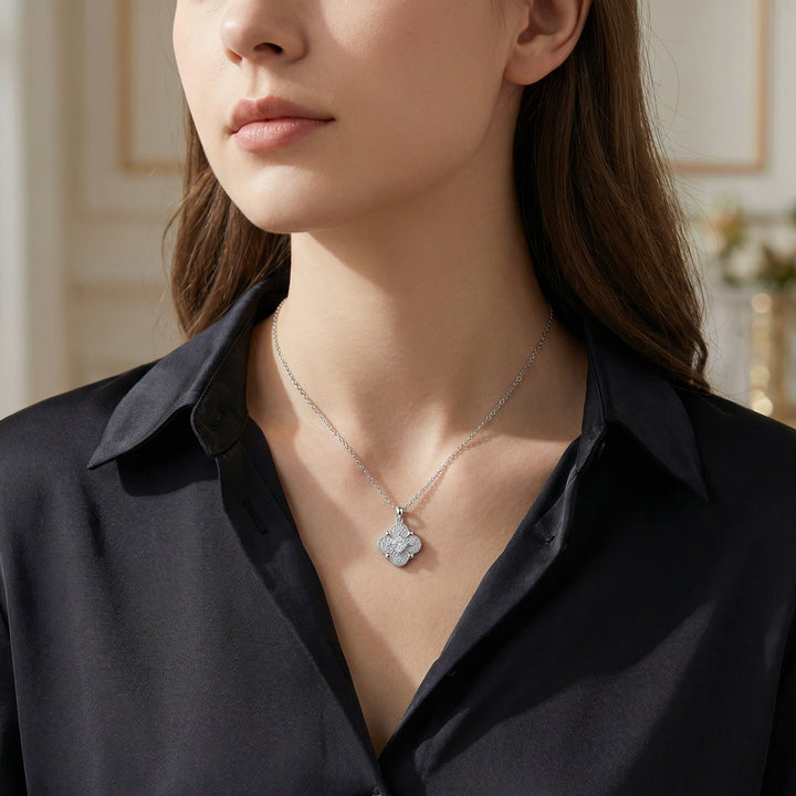 ✨ 925 Sterling Silver Quatrefoil Floral Pendant Necklace with Princess Cut Center Stone ✨