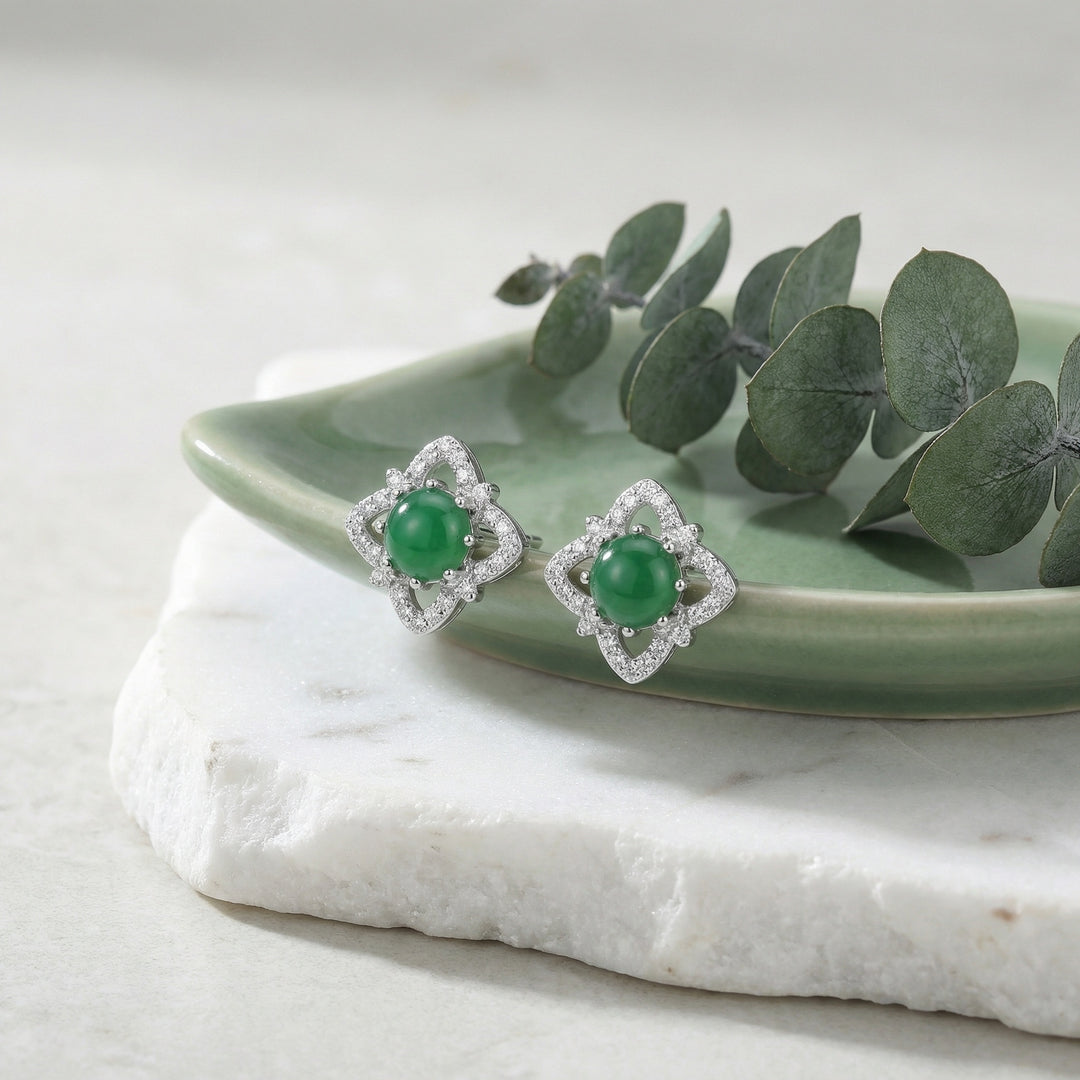 ✨ 925 Sterling Silver Elegant Green Cabochon Floral Stud Earrings with Sparkling Halo ✨