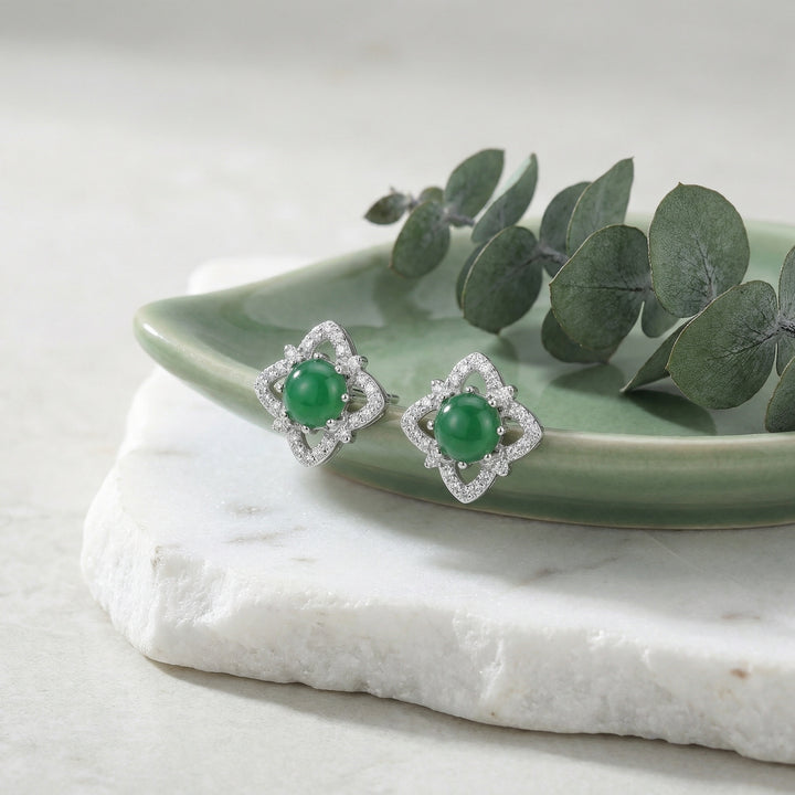✨ 925 Sterling Silver Elegant Green Cabochon Floral Stud Earrings with Sparkling Halo ✨
