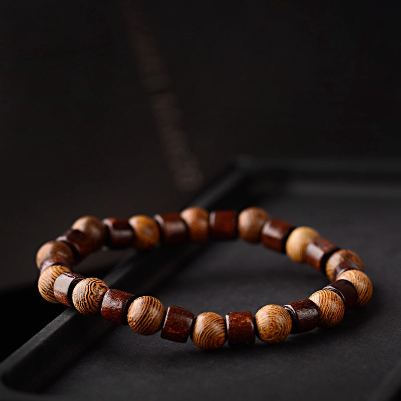Vintage Wooden Bead Bracelet – Unisex Geometric Design