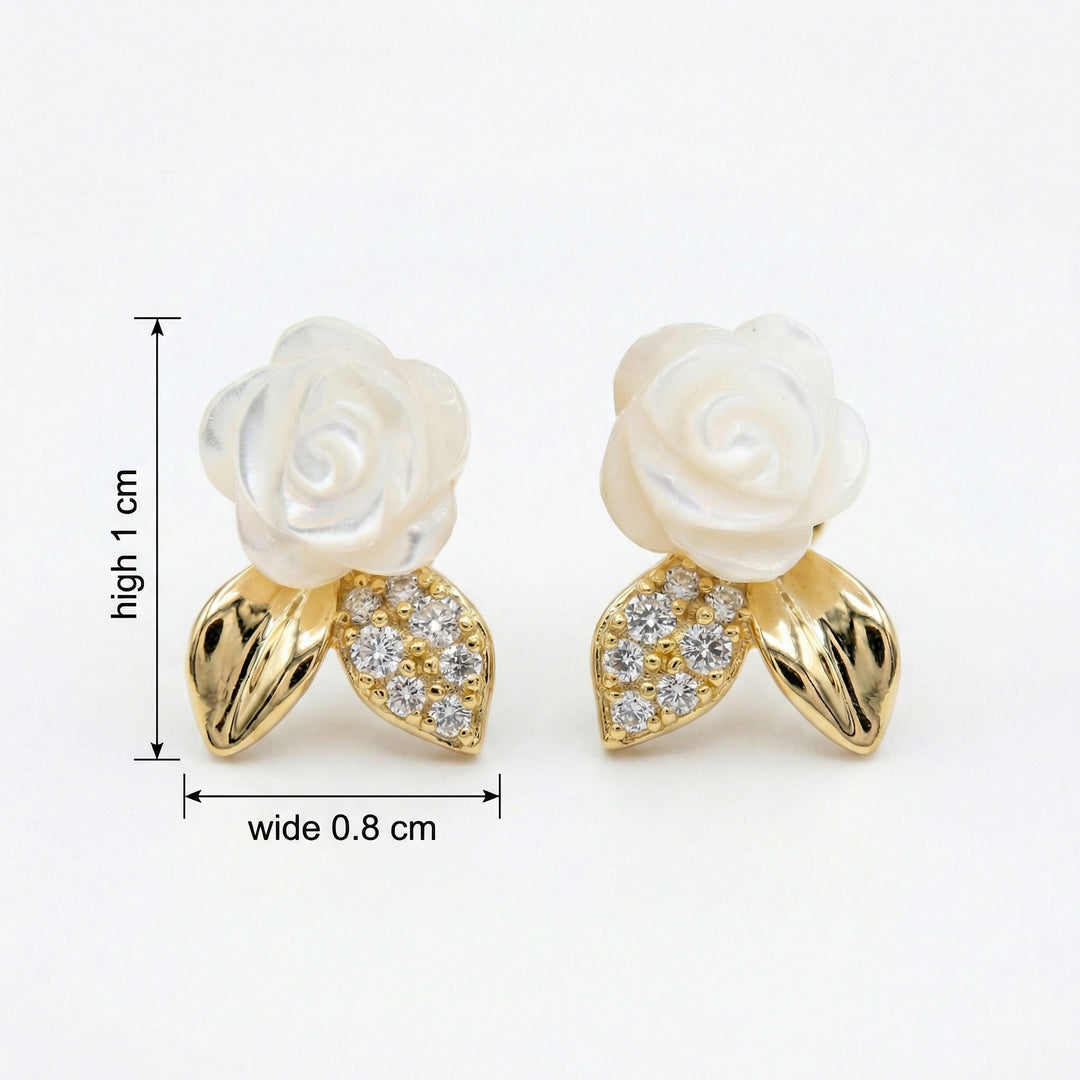 ✨ 925 Sterling Silver Mother-of-Pearl Rose Stud Earrings with CZ & Polished Leaf Accents ✨