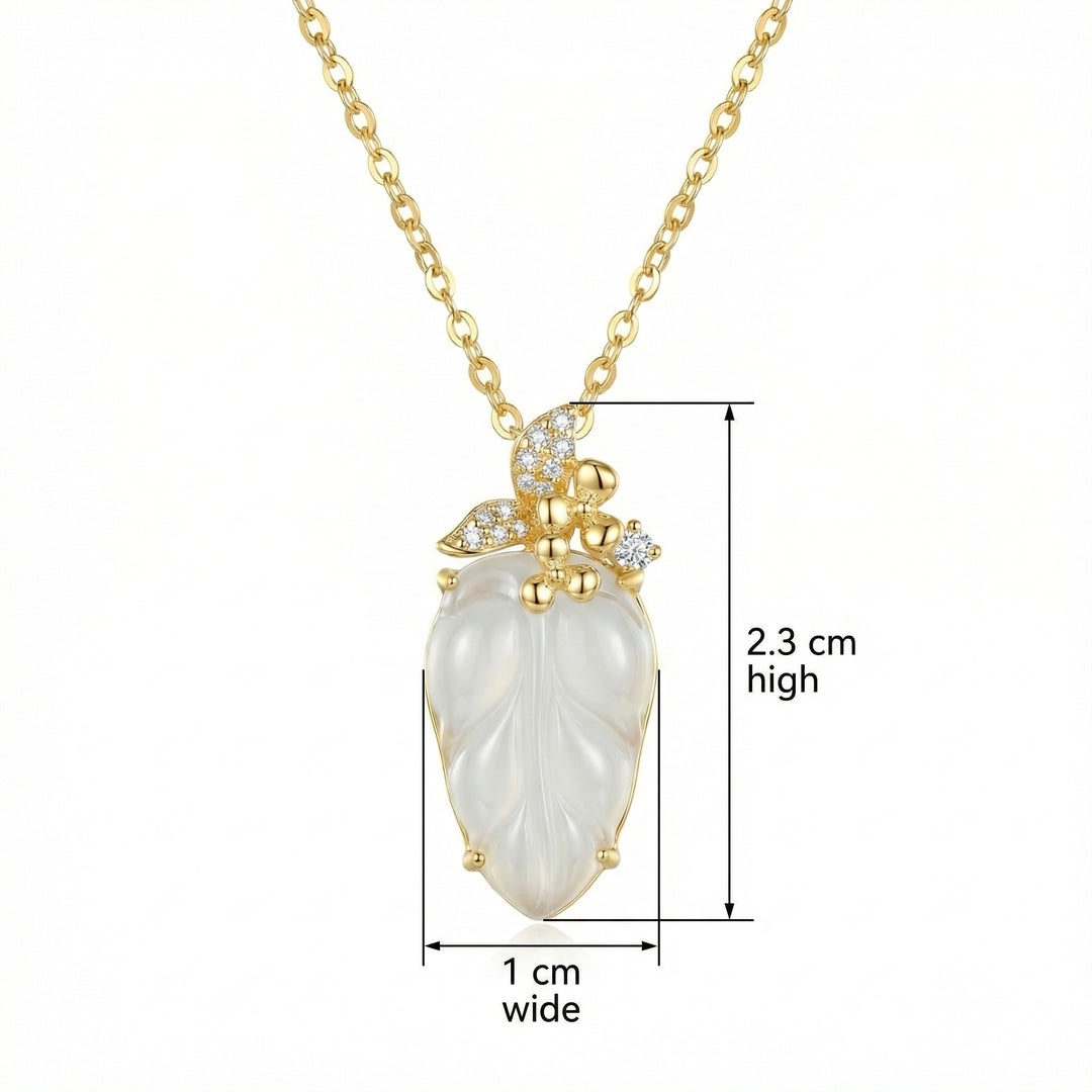 925 Sterling Silver White Jade Leaf Pendant Necklace with Butterfly & Floral Accents