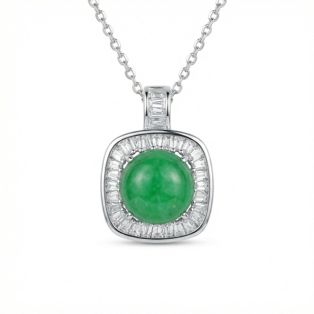 925 Sterling Silver Round Green Jade Pendant Necklace – Baguette-Cut Diamond Halo