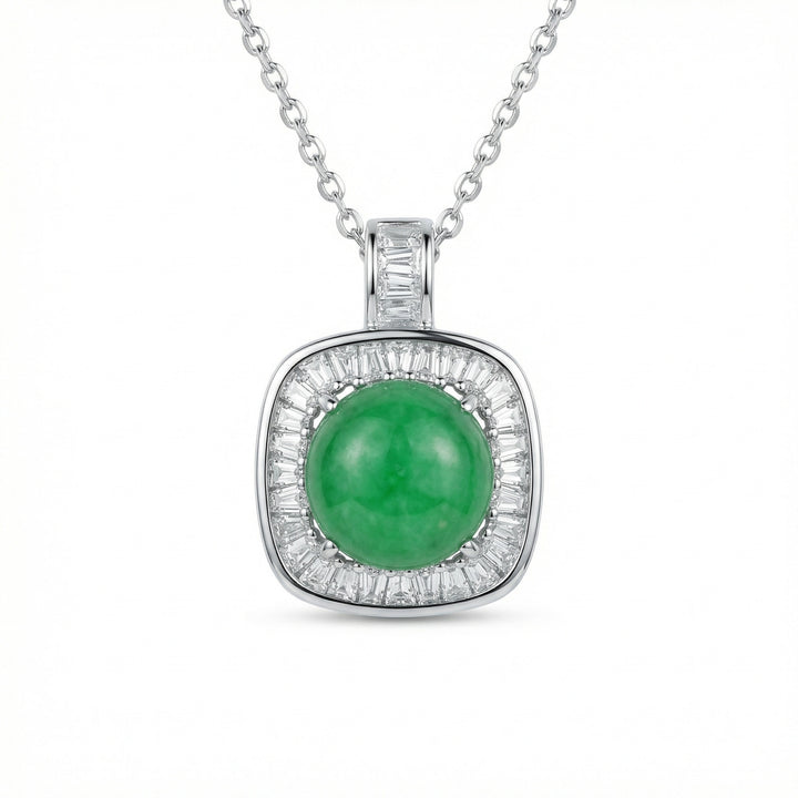 925 Sterling Silver Round Green Jade Pendant Necklace – Baguette-Cut Diamond Halo