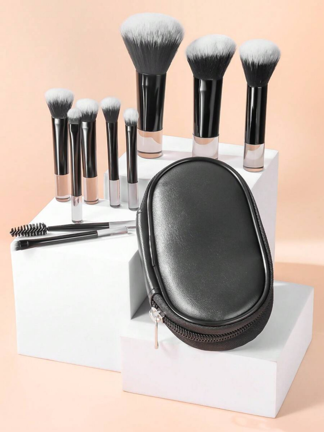 🖌️ 10-Piece Short Handle Makeup Brush Set – Black Fiber Hair with Storage Bag 💄✨
