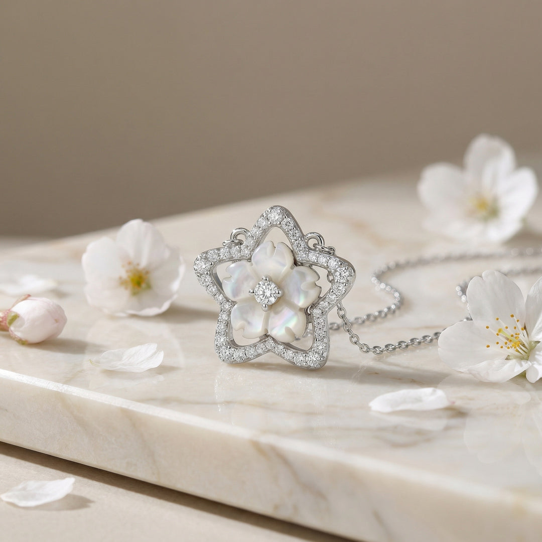 925 Sterling Silver Mother-of-Pearl Sakura Flower Necklace with Diamond Star Frame Pendant