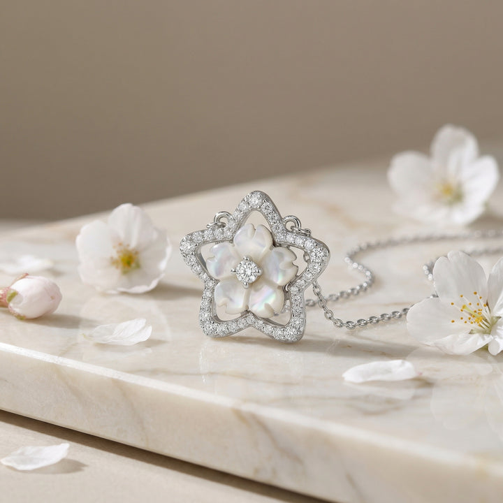 925 Sterling Silver Mother-of-Pearl Sakura Flower Necklace with Diamond Star Frame Pendant
