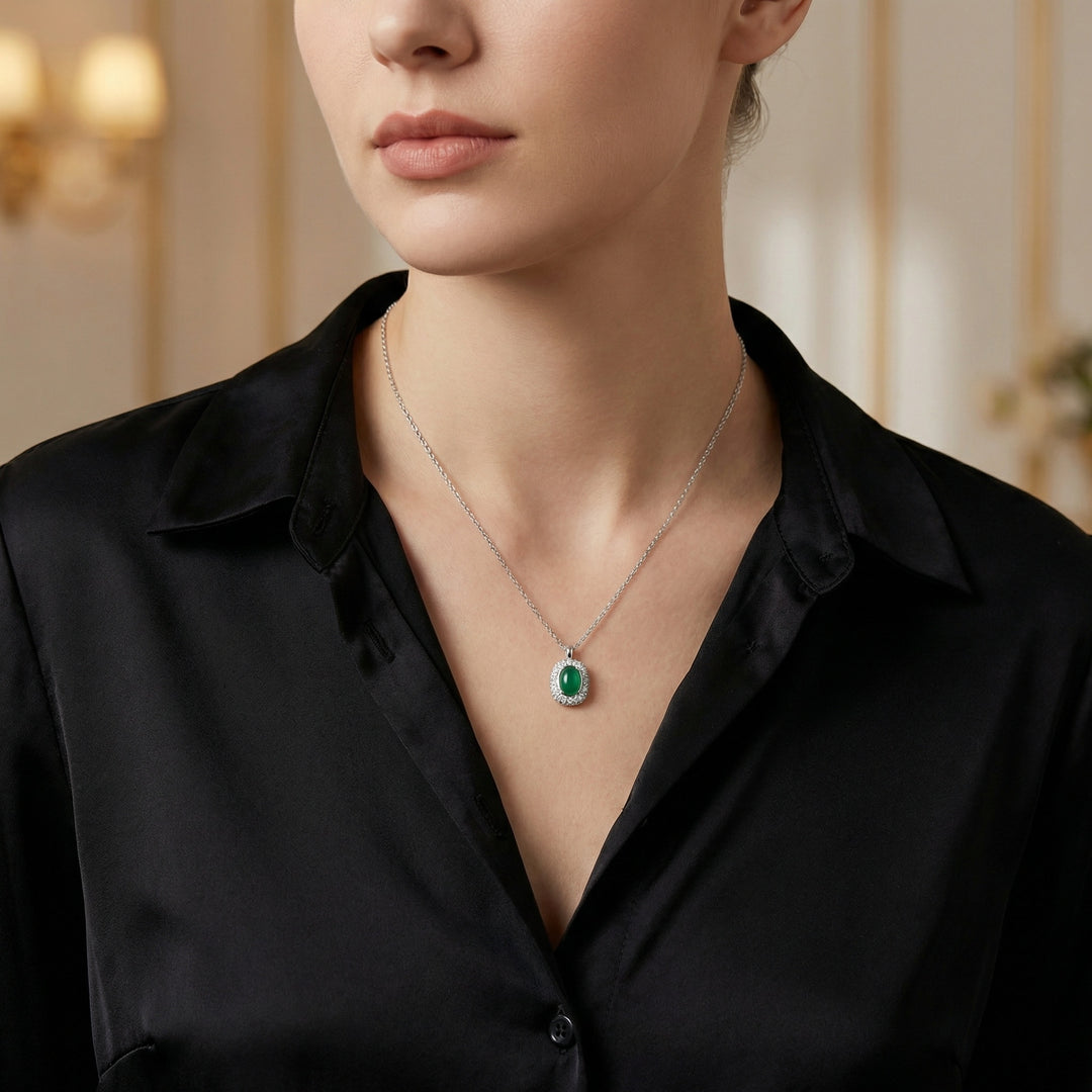 925 Sterling Silver Elegant Oval Green Gemstone Halo Pendant Necklace
