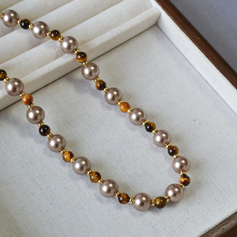 Women’s Retro Tiger’s Eye Beaded Necklace – Brown & Coffee Vintage Pearl Chain