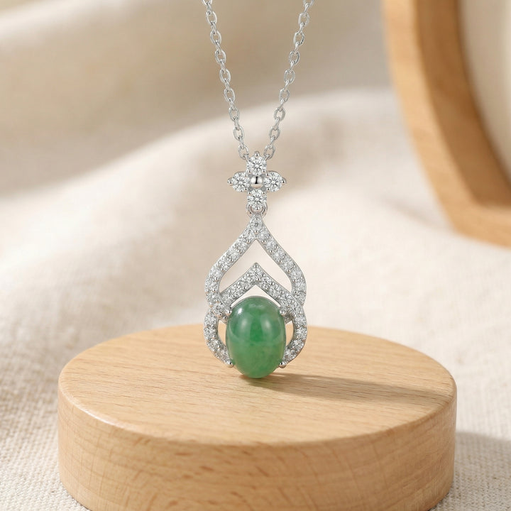 925 Sterling Silver Green Jadeite Teardrop Necklace – Diamond Halo Cabochon Pendant