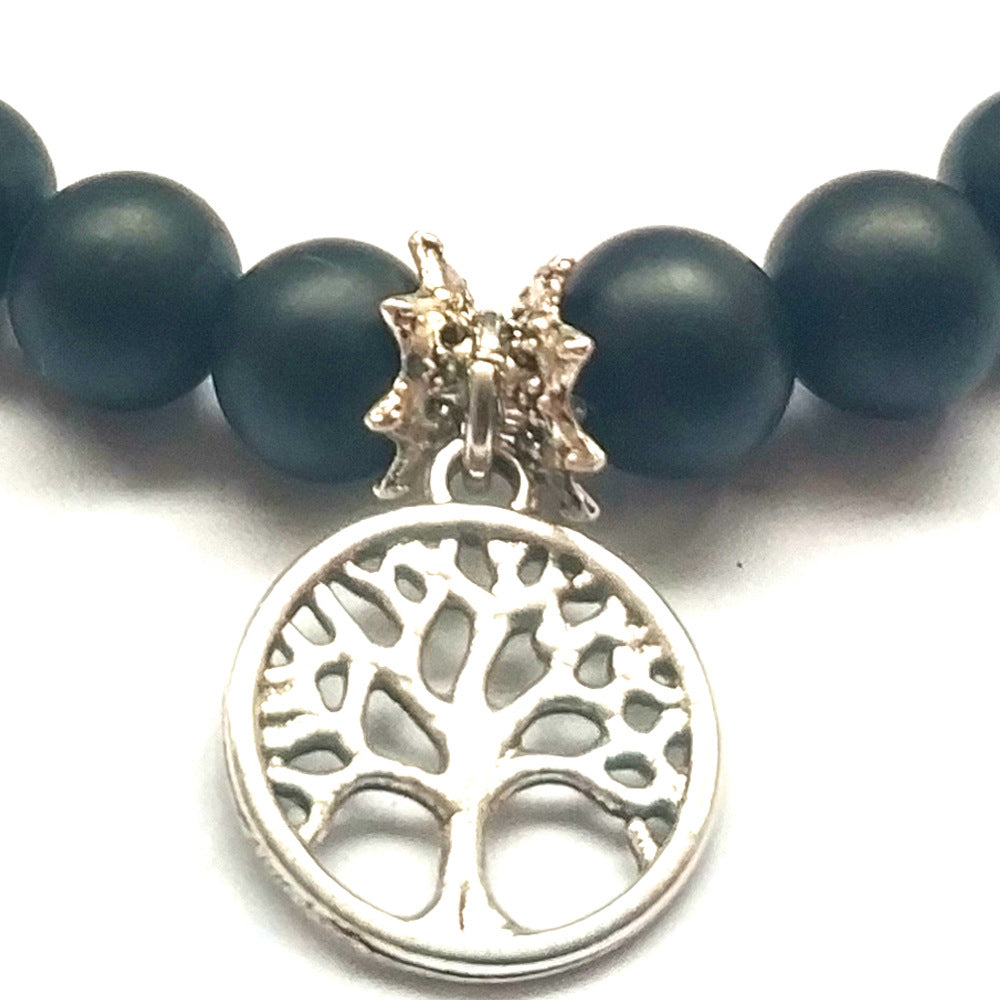 Frosted Black Agate Handmade Bracelet – Tree of Life Charm