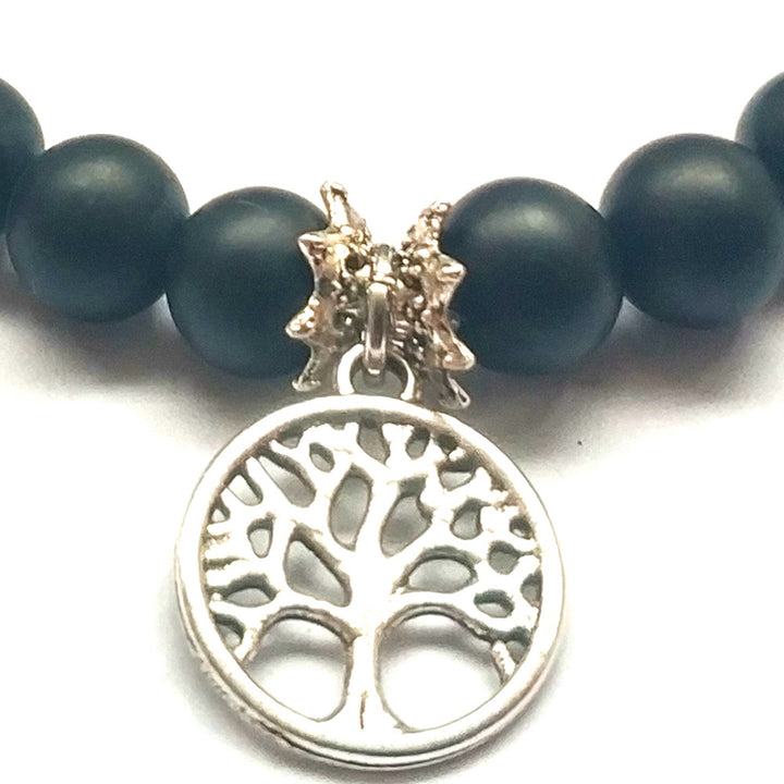 Frosted Black Agate Handmade Bracelet – Tree of Life Charm