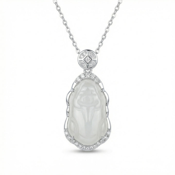 💎 White Jade Buddha Pendant Necklace with Diamond Accents