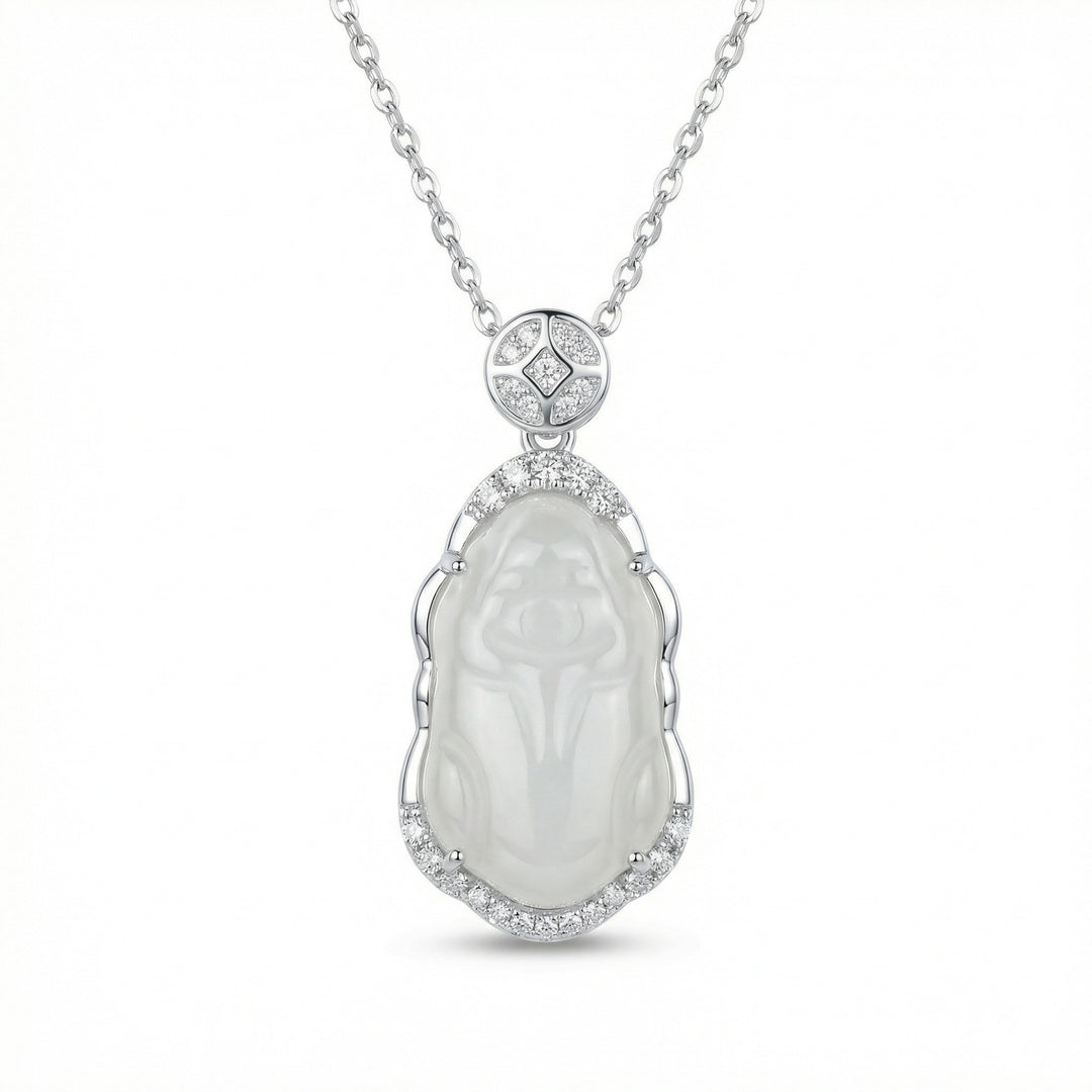 💎 White Jade Buddha Pendant Necklace with Diamond Accents