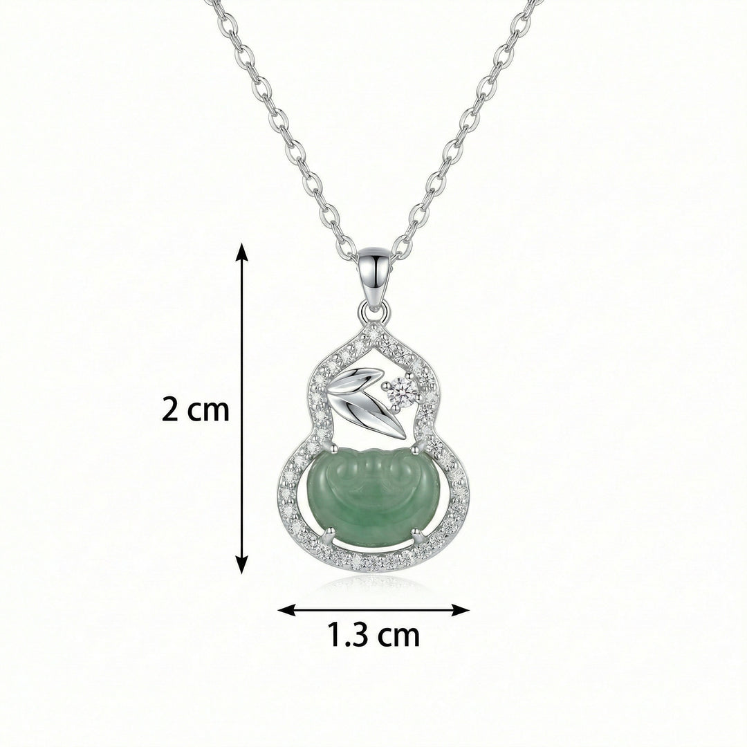 925 Sterling Silver Gourd Necklace – Green Jade Pendant with Sparkling Gemstones