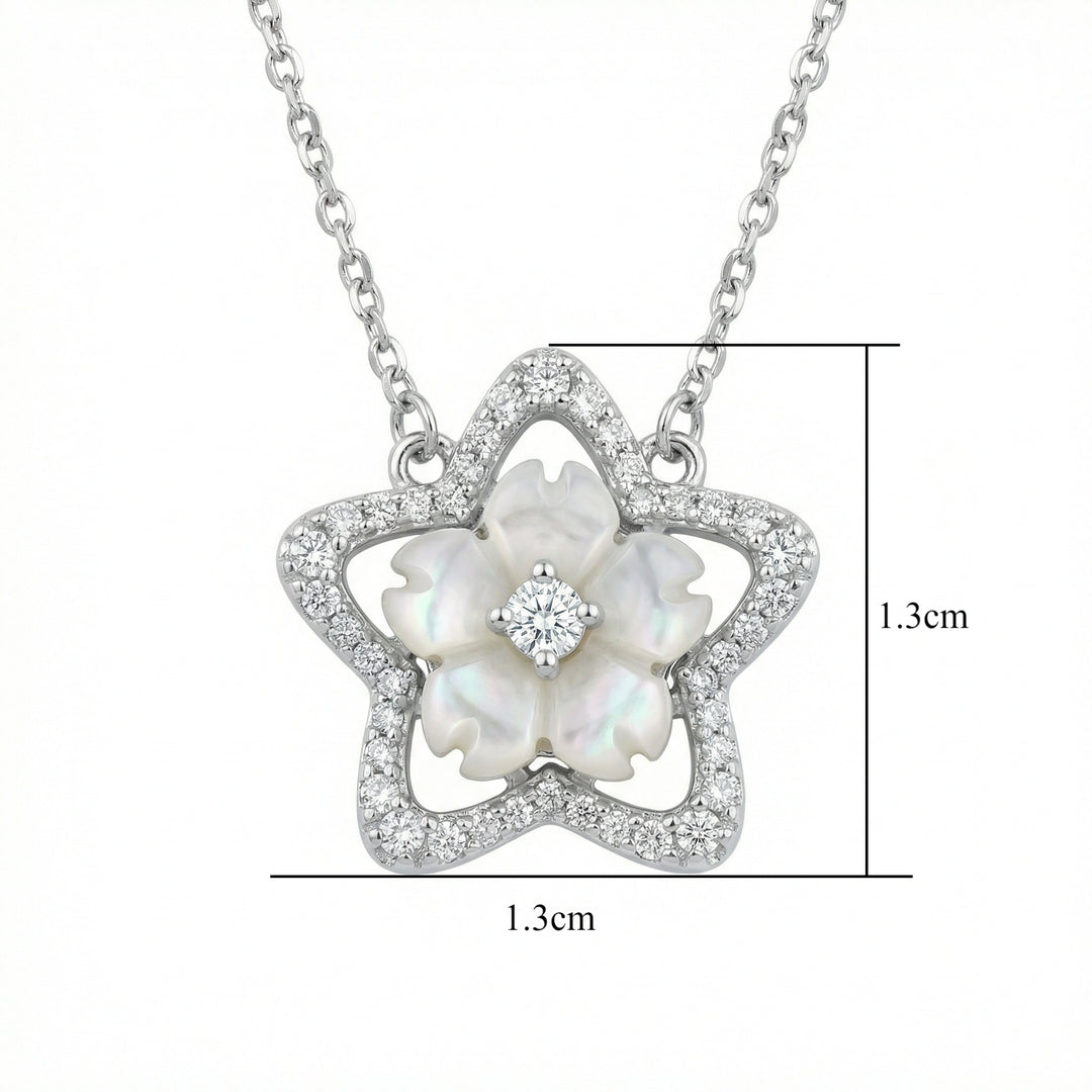 925 Sterling Silver Mother-of-Pearl Sakura Flower Necklace with Diamond Star Frame Pendant