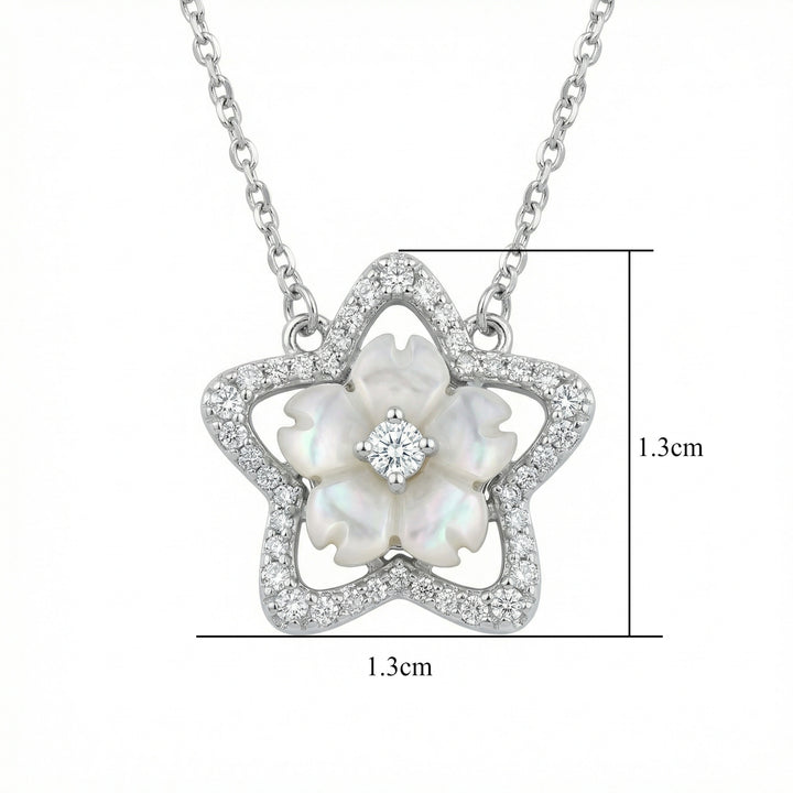 925 Sterling Silver Mother-of-Pearl Sakura Flower Necklace with Diamond Star Frame Pendant