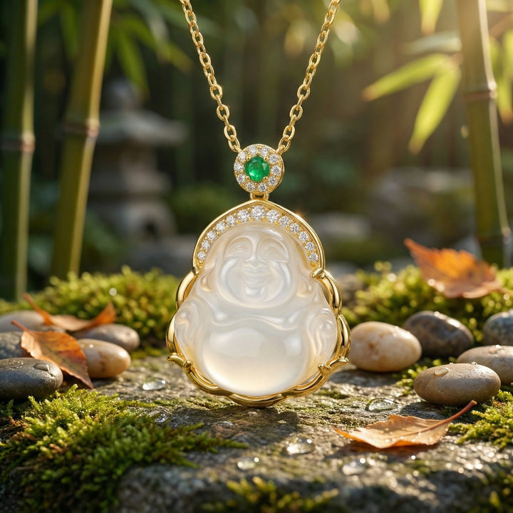 ✨ 925 Sterling Silver Elegant Carved White Jadeite Buddha Necklace with Emerald and Sparkling Gemstone Accents ✨