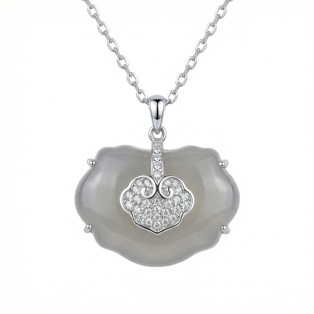 925 Sterling Silver Elegant Ruyi Longevity Lock Pendant Necklace with Gray Chalcedony and Pavé Accents